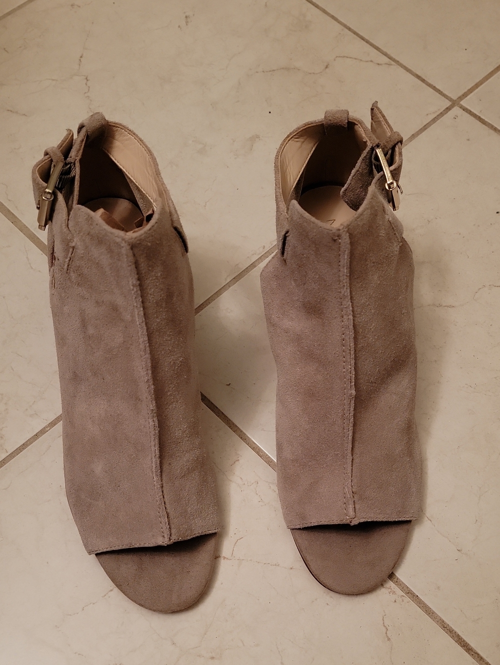 Nine West Taupe Suede Open-Toe Mule Booties